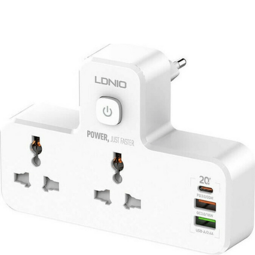 Ldnio SC2311 20W 3-Port USB Charger Extension Power Strip With 1 * 20W USB-C PD Power Delivery / 1 * 18W USB QC3.0 / 1 * USB-A & 2 Power Sockets