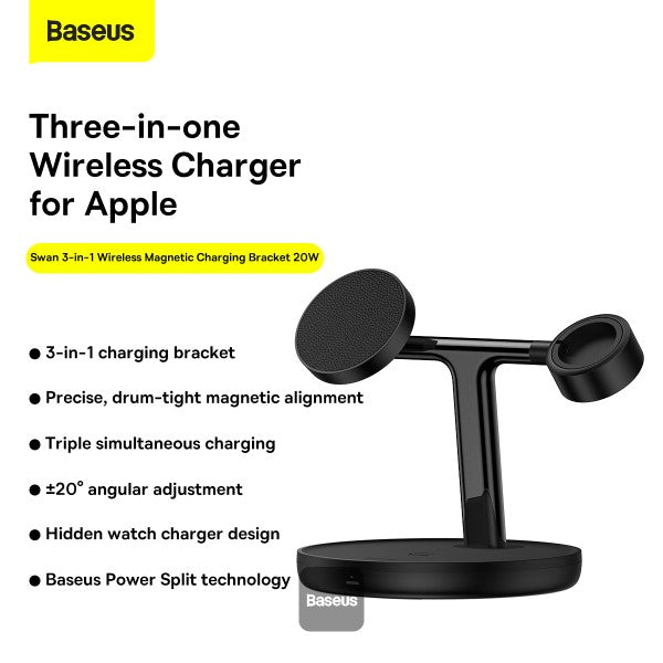 Baseus Swan 3-in-1 Wireless Magnetic Charging Bracket 20W Black Universal version （ Include：USB For type-C 3A 1m）