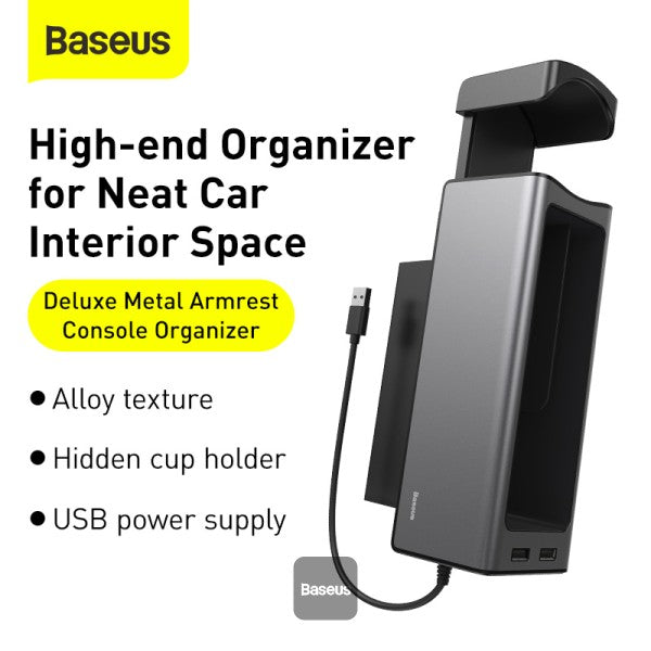 Baseus Deluxe Metal Armrest Console Organizer [Dual USB Power Supply] - Black