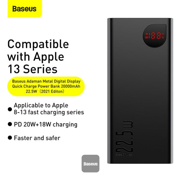 Baseus Adaman Metal Digital Display Quick Charge Power Bank 20000mAh 22.5W Black Overseas Edition With Simple Series Charging Cable USB to Type-C 3A 0.3m Black
