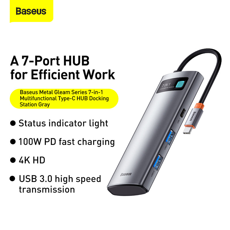 Baseus Metal Gleam Series 7-Port HUB Space Grey （Type-C to HDMI4K@60Hz*1+USB3.0*3+PD*1+SD/TF*1)