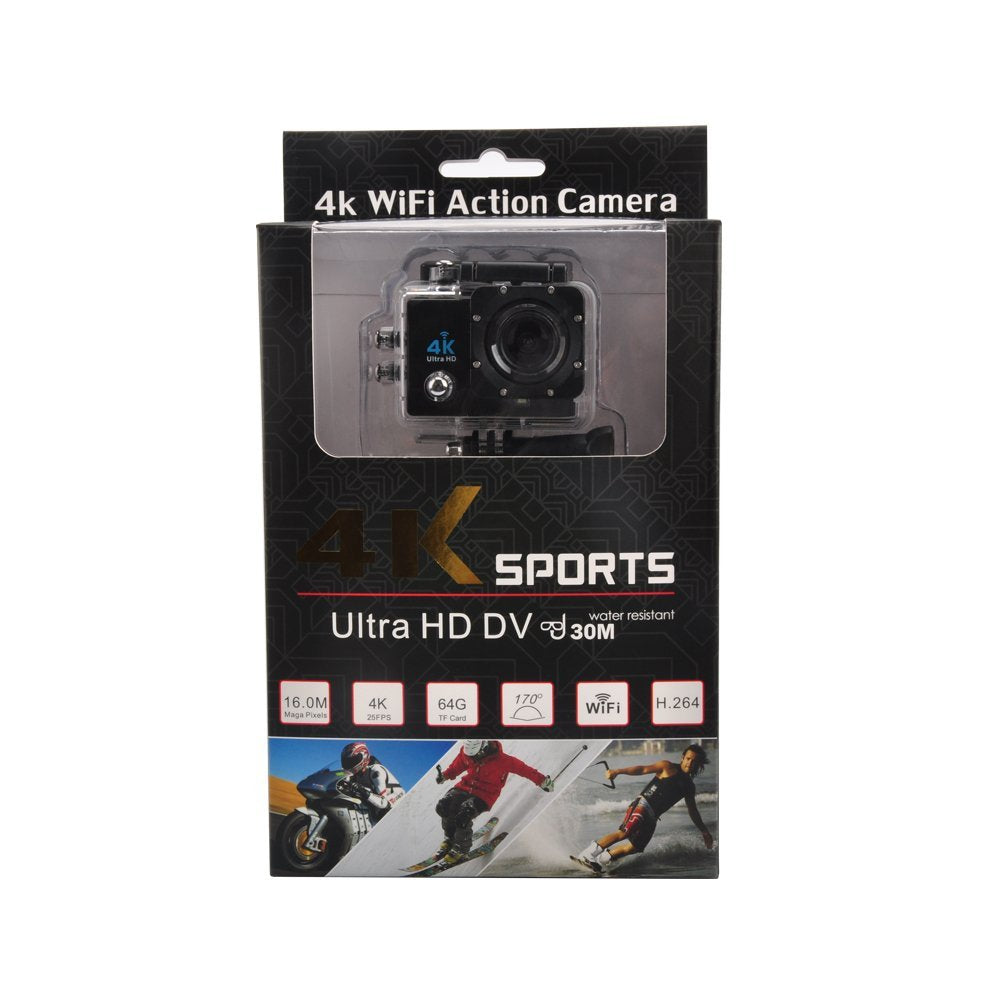 Action Sports Camera WiFi 4K with Waterproof Casing and Multiple Mounts
