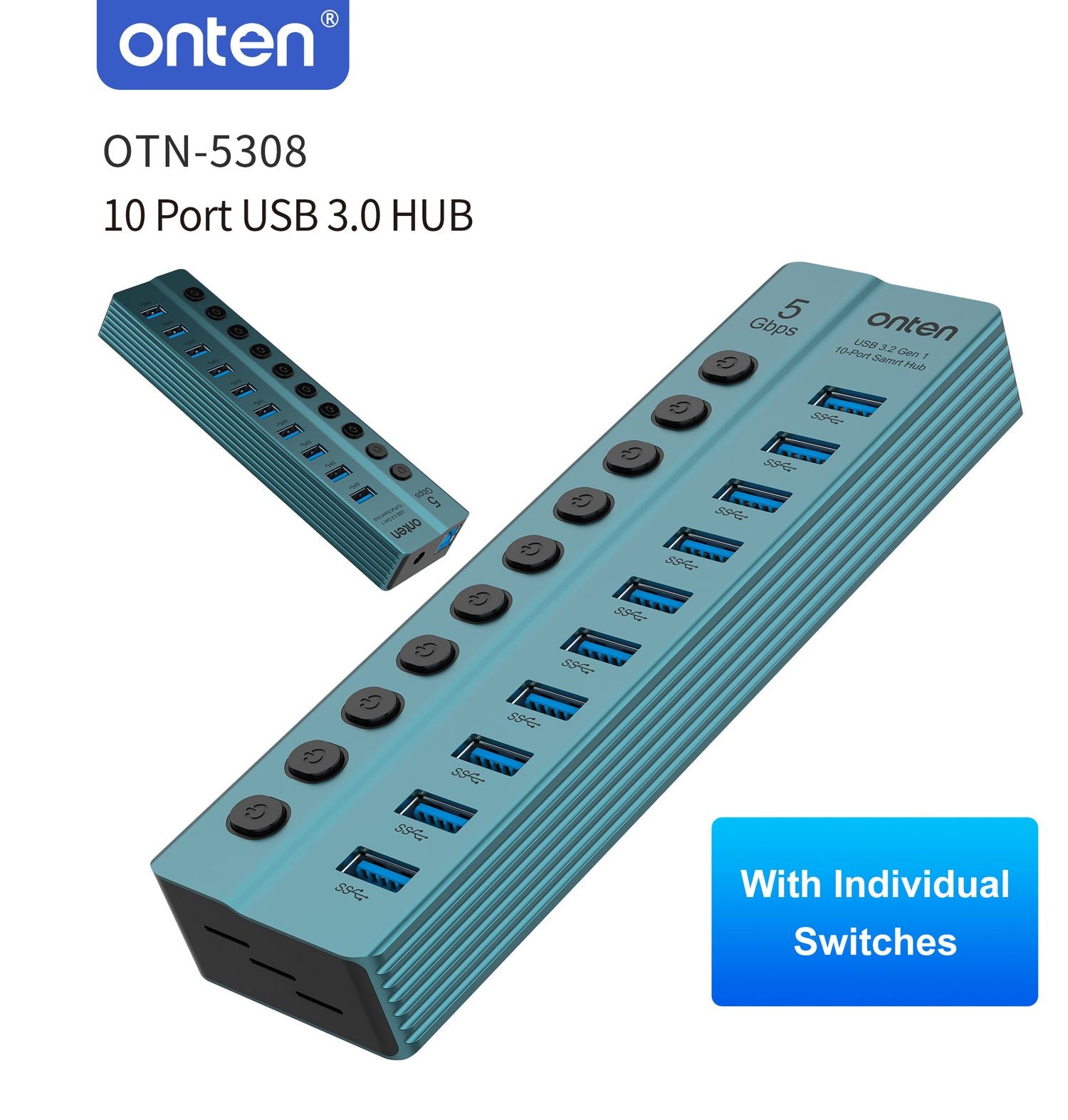 Onten 5308 USB 3.2 Gen 1 10-port Hub With Separate Buttons