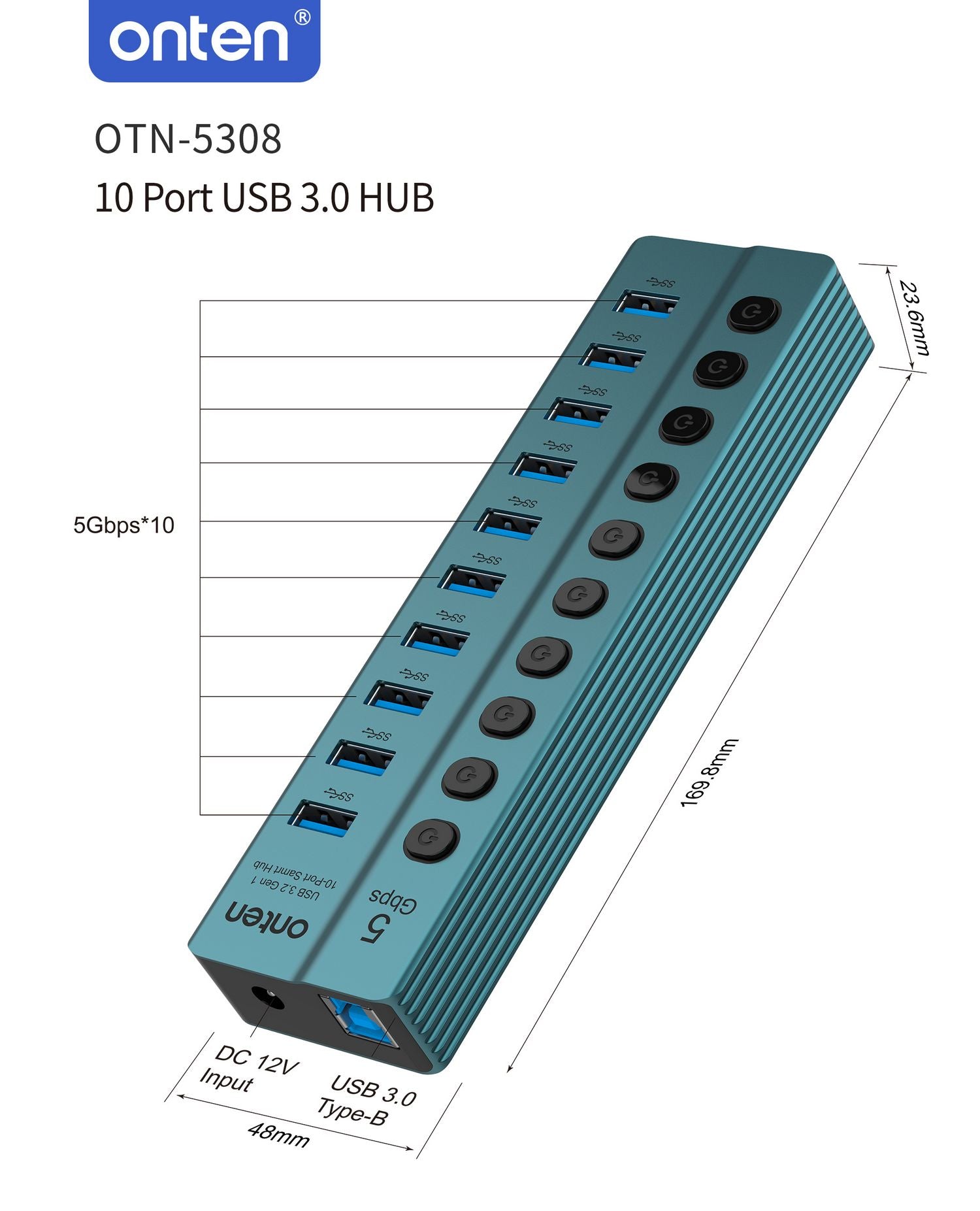 ONTEN USB 3.2 Gen 1 10-Port Hub with separate buttons-OTN 5308