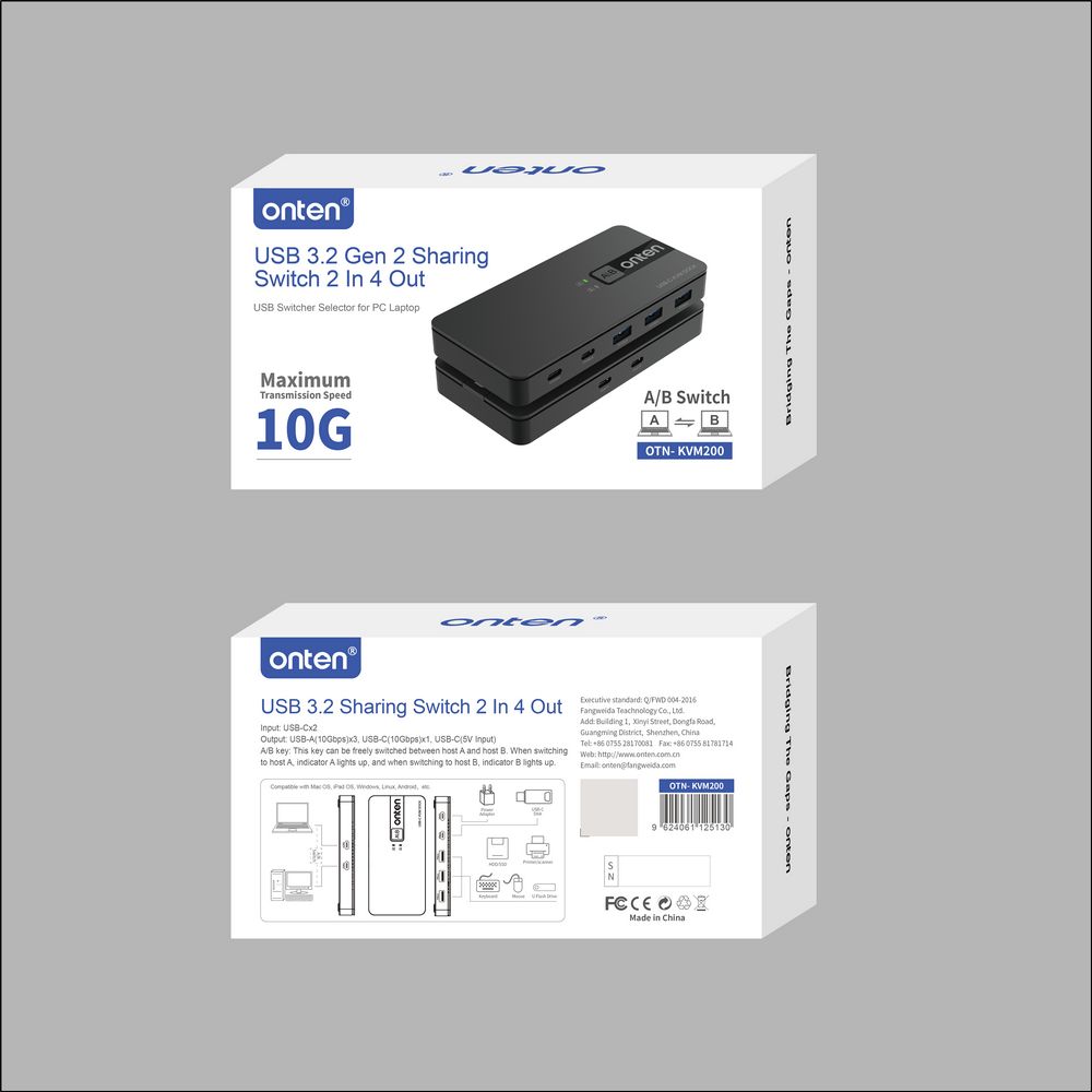 Onten KVM200 2 Computers Share 4 USB 3.2 GEN 2 Ports USB Switcher Selector for PC Laptop