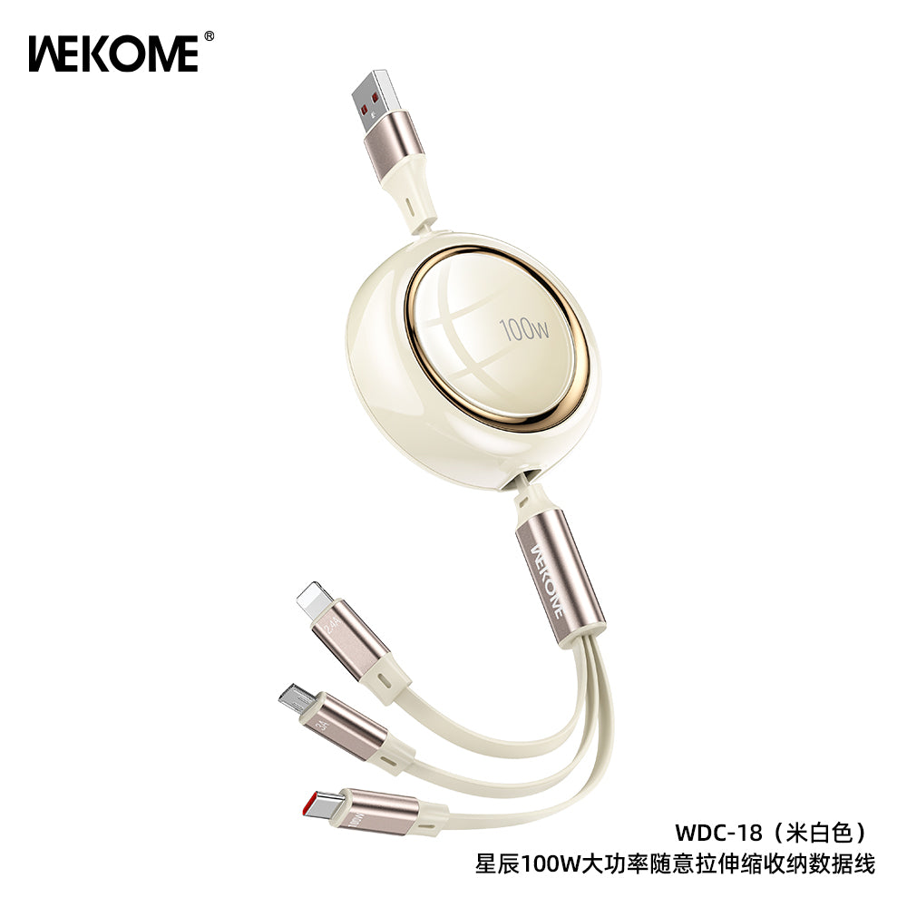 WEKOME WDC-18 Highpower 3 in 1 Retractable Data Cable 100W USB TO Micro / Type-C / iPh