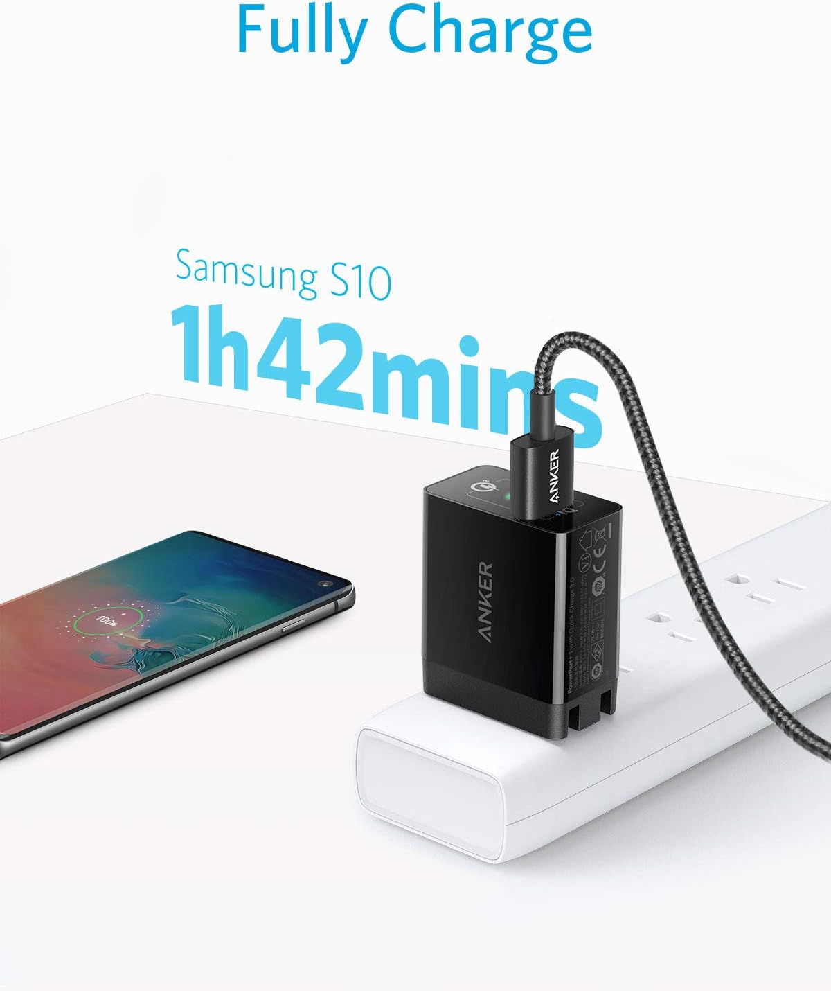 Quick Charge 3.0, Anker 18W Wall Charger (Quick Charge 2.0 Compatible) Powerport+ 1 for Wireless Charger, Galaxy S10e/S10/S9, Note 9/8, LG G7, iPhone and More (USB-A to USB-C Cable Included)
