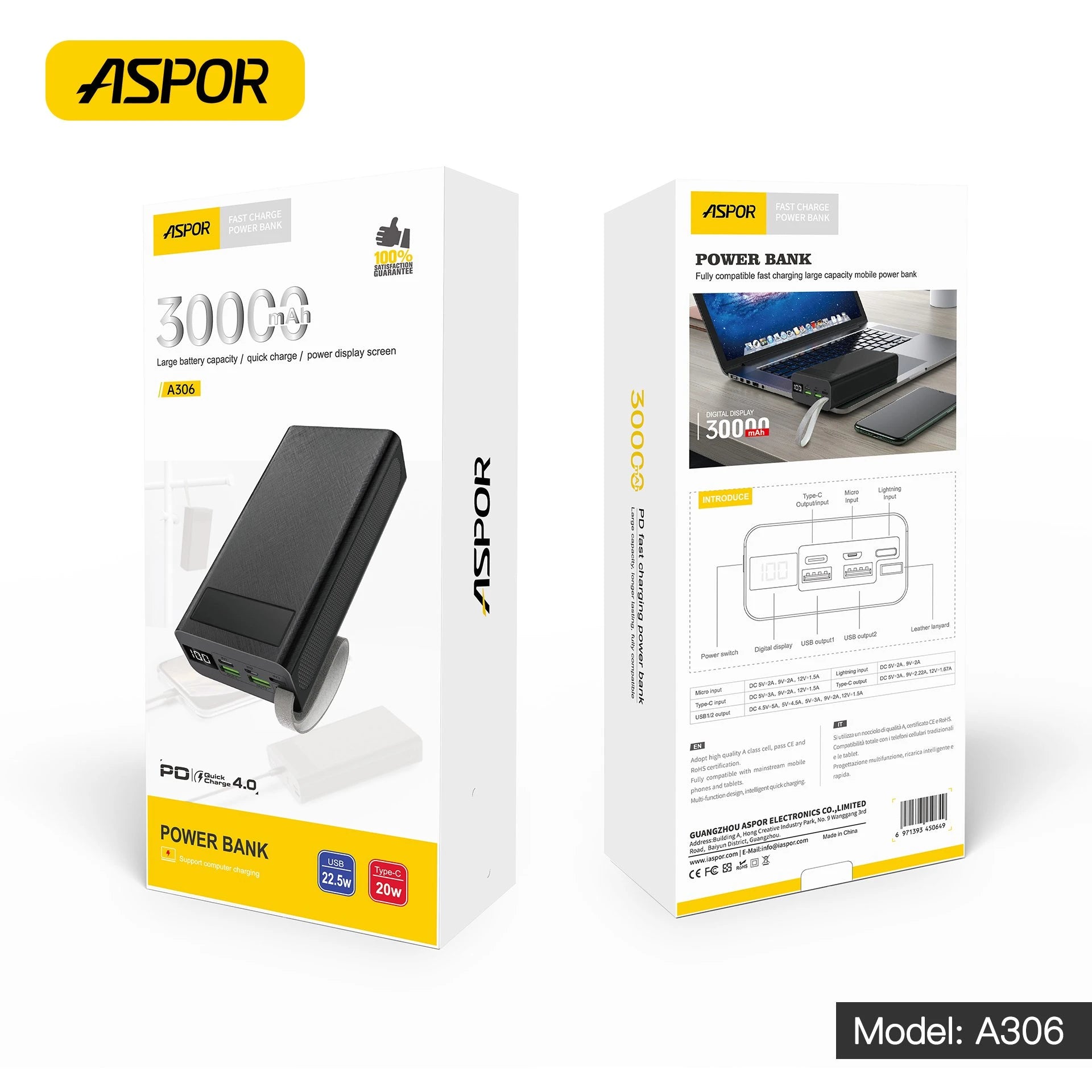 ASPOR A306 PD 30000mAh 22.5W + 20W PD Fast Power Bank