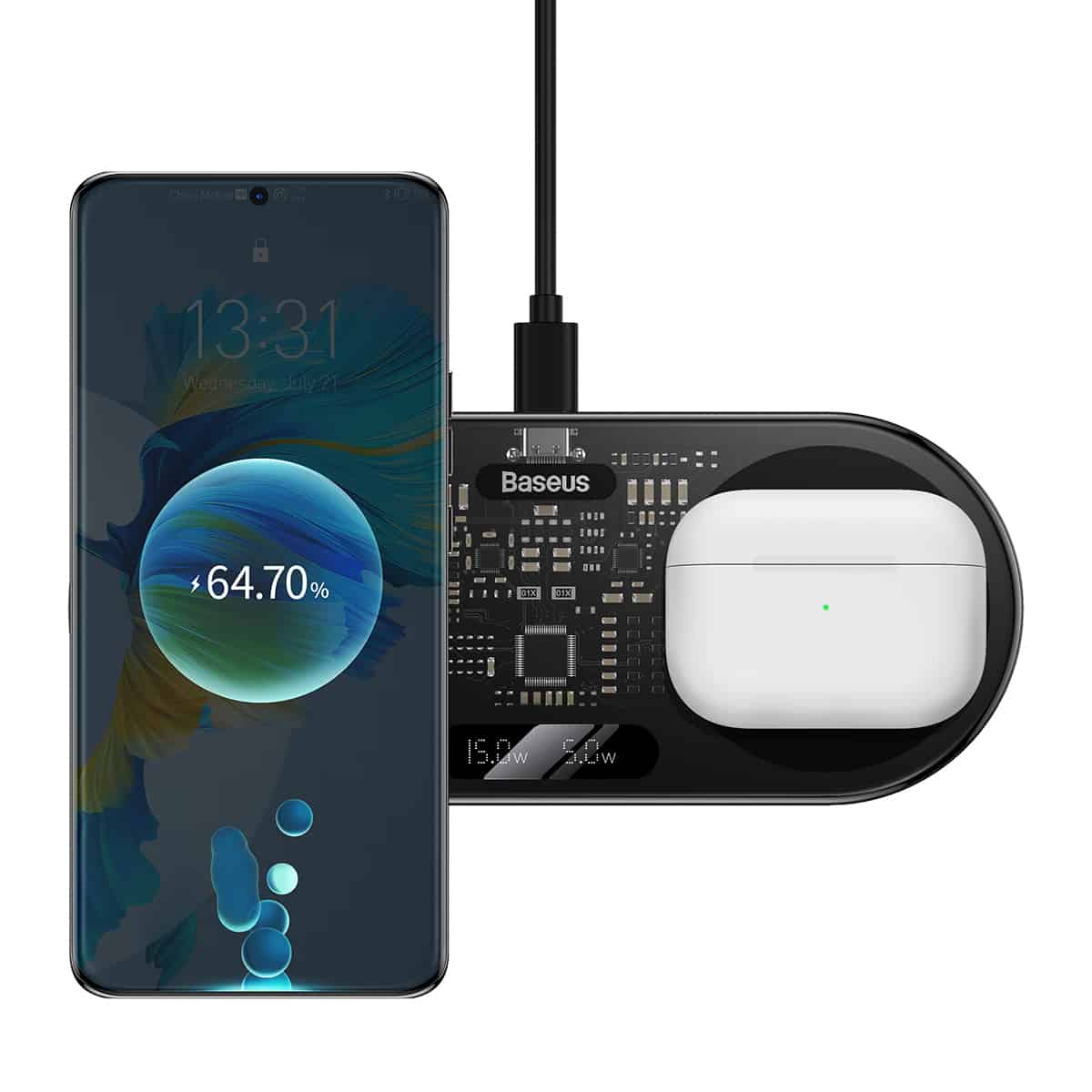 Baseus Digital LED Display 2in1 Wireless Charger 20W Black Universal Version (Include: USB For type-C 3A 1m Black)