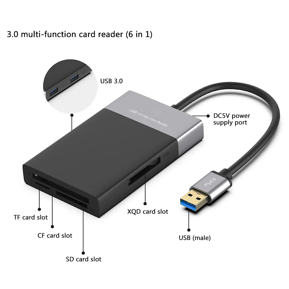 Onten 6 In 1 Multi Memory Card Reader USB 3.0 2 Port HUB Adapter for XQD CF Compact Flash TF Micro SD Card and U Flash Disk Drive Read