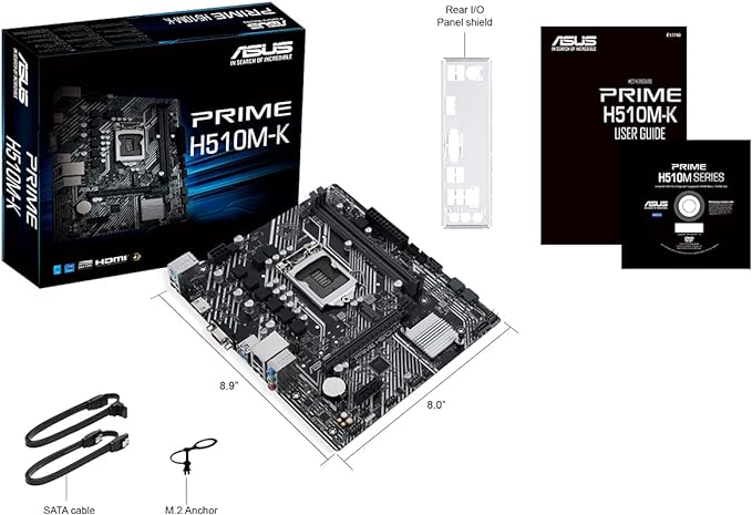 ASUS Prime PRIME H510M-K (LGA 1200) micro ATX motherboard with PCIe 4.0, 32Gbps M.2 slot, Intel® 1 Gb Ethernet, HDMI, D-Sub, USB 3.2 Gen 1 Type-A, SATA 6 Gbps, COM header, and RGB header