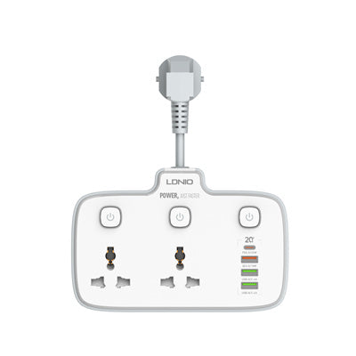 LDNIO SC2413 Universal Power Strip Surge Protector with 4 USB Ports - 2 AC Outlets, 3A1C Green USB, Orange USB-A (QC18W), Type-C (PD20W) - 100-250V, 10A, 2500W - Max 20W Output Power - Extension Cord Adapter Electricity Wall Charger Socket