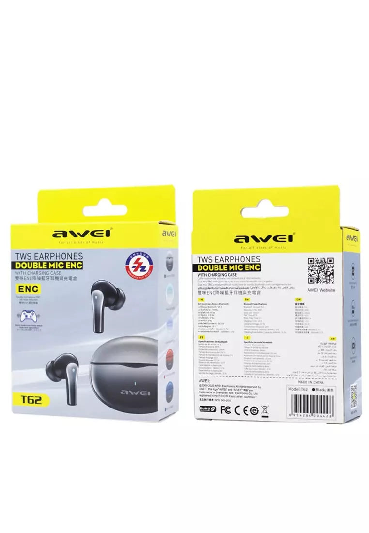 Awei T62 4 Mic ENC Earphones Bluetooth 5.3 Earbuds TWS Wireless Earbuds Headphones HiFi Music Sports Waterproof ENC Headset