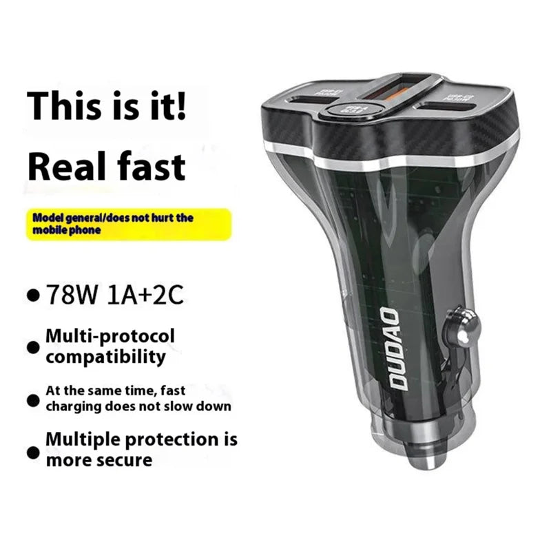 DUDAO R78 PD QC Fast Charging USB + Dual Type-C Cigarette Lighter Car Charger