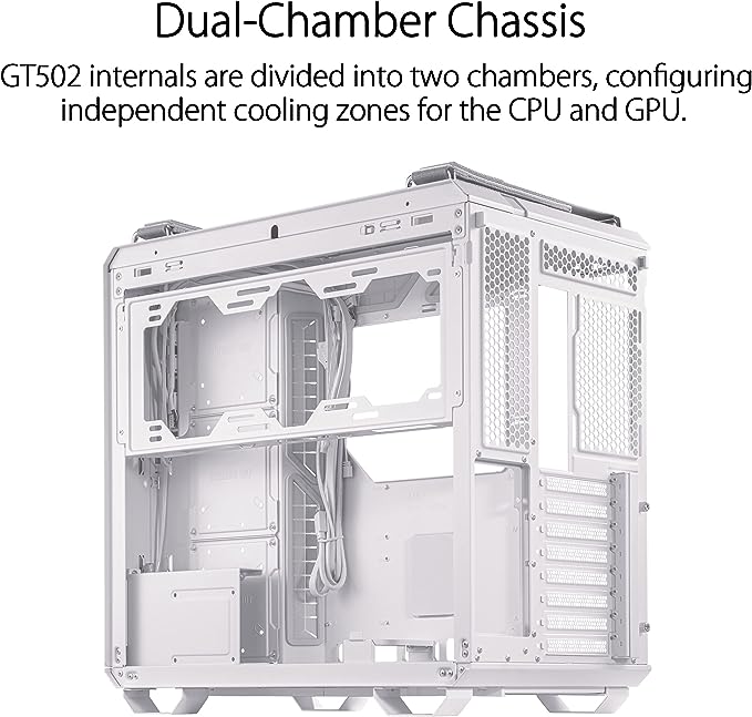 ASUS TUF Gaming GT502 White ATX Mid-Tower Computer Case,Front Panel RGB Button,USB 3.2 Type-C,2x USB 3.0 Ports,Tool-free Side Panel,ARGB Hub, 360mm and 280mm Radiator compatible, Fabric Handle on top.