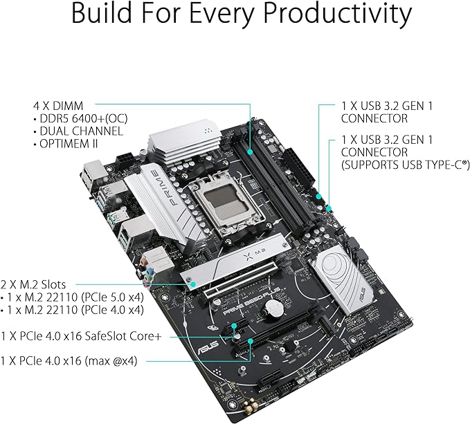 ASUS Prime B650-PLUS AMD B650(Ryzen 7000) ATX Motherboard(DDR5,PCIe 5.0 M.2,2.5Gb Ethernet,DisplayPort,HDMI®, USB 3.2 Gen 2 Type-C®, Front USB 3.2 Gen 1 Type-C®, BIOS Flashback™, USB4® Support)