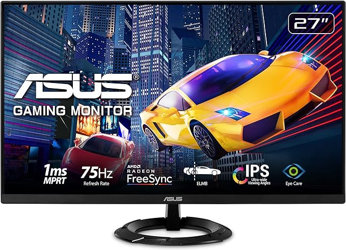 ASUS VZ279HEG1R 27” Gaming Monitor, 1080P, 75Hz, IPS, 1ms, Free Sync, Extreme Low Motion Blur, Eye Care, HDMI VGA, Ultra-Slim, Frameless