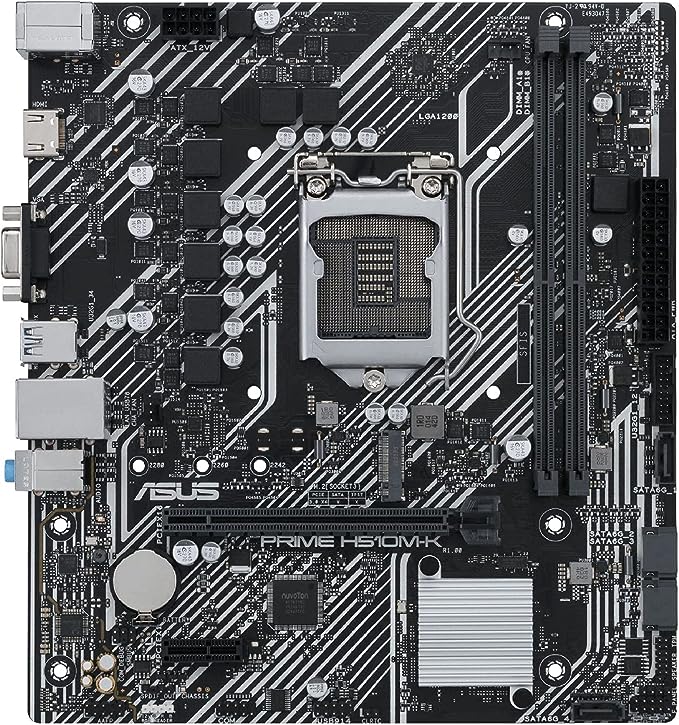 ASUS Prime PRIME H510M-K (LGA 1200) micro ATX motherboard with PCIe 4.0, 32Gbps M.2 slot, Intel® 1 Gb Ethernet, HDMI, D-Sub, USB 3.2 Gen 1 Type-A, SATA 6 Gbps, COM header, and RGB header