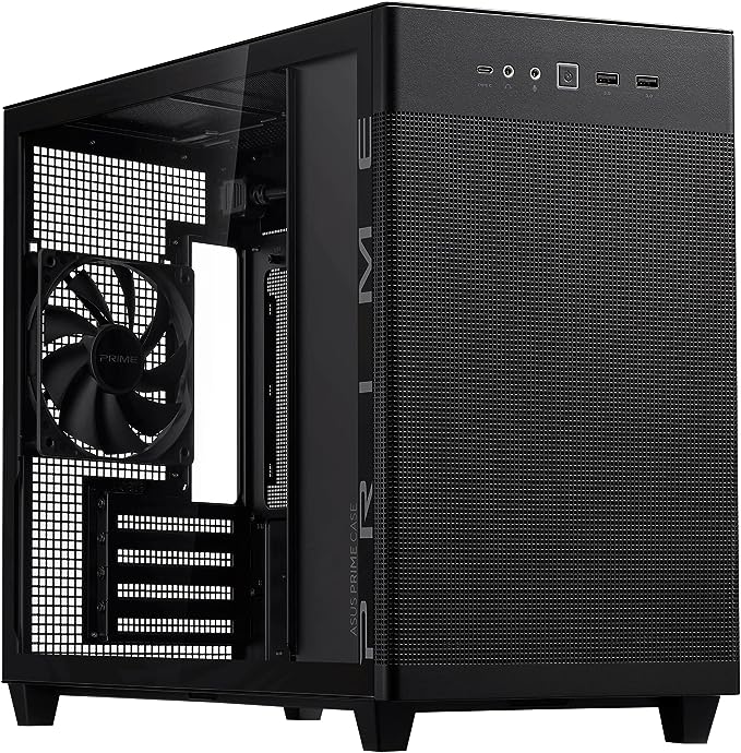 ASUS Prime AP201 Black MicroATX Tempered Glass Edition Supports Graphics Cards up to 338mm, 360mm Coolers, & Standard ATX PSUs, Tool-Free Side Panels, Tempered Glass Side & Front Panel USB Type-C Black/White