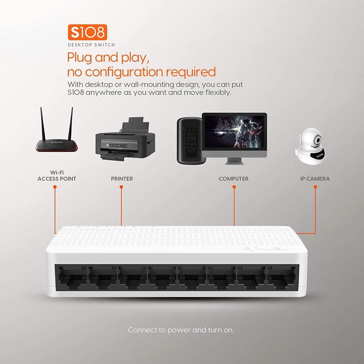 Tenda S108 Switch 8 Port Ethernet Desktop Network 10 / 100Mbps LAN Hub Small And Smart, Easy Plug
