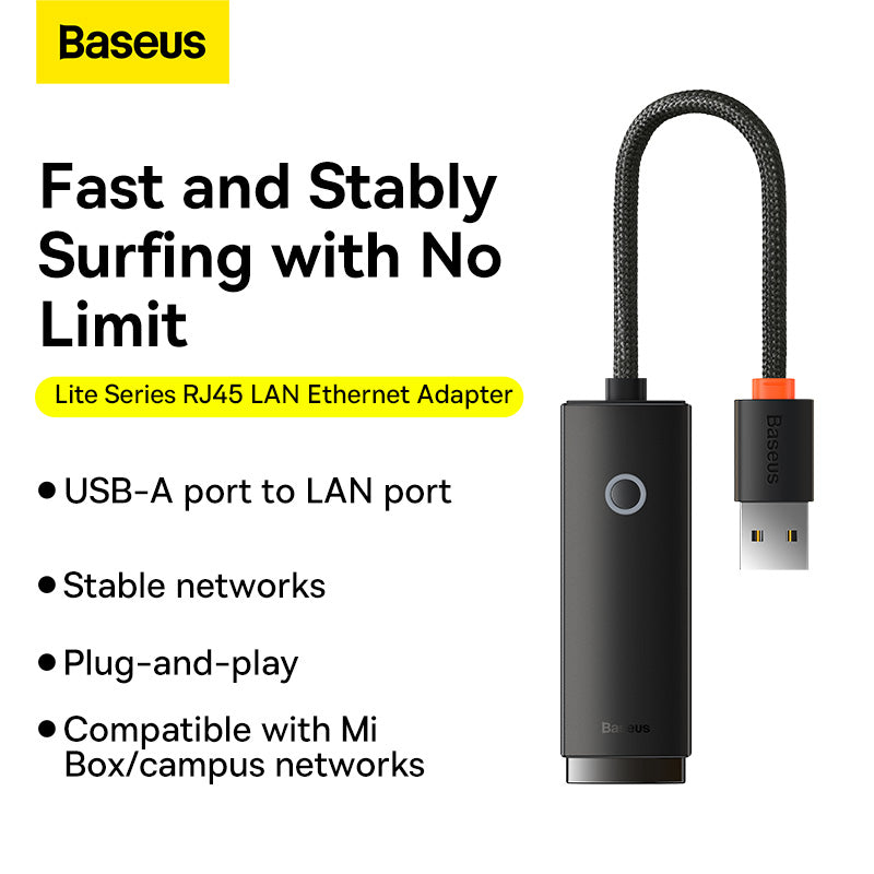 Baseus Lite Series USB-A to RJ45 LAN Port Ethernet Adapter Black