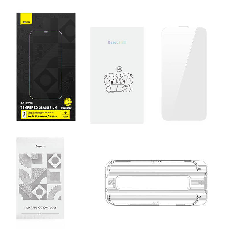 Baseus 0.4mm Corning HD Tempered Glass Screen Protector (with Built-in Dust Filter) for iP 14 Pro Max, Clear (Pack of 1 with cleaning kit and dustproof installation tool)