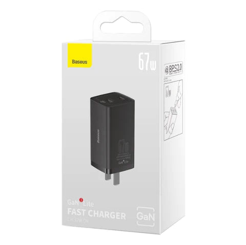 Baseus GaN3 Lite Fast Charger 67W Type C + USB With CN Pin Black