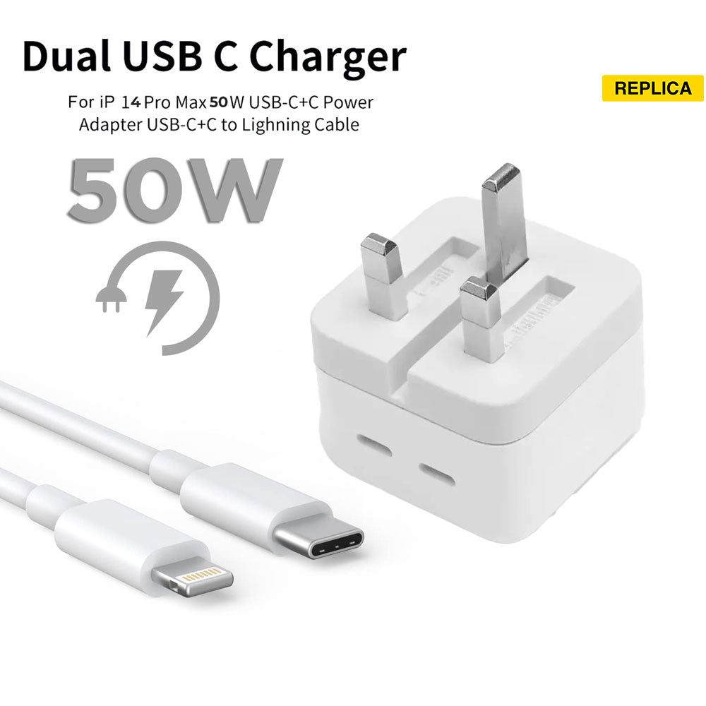 IPHONE 14 Pro 3 Pin (UK PIN) 50W USB-C+C POWER Adapter With USB-C TO LIGHTINING CABLE