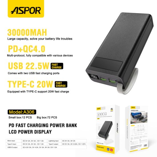 ASPOR A306 PD 30000mAh 22.5W + 20W PD Fast Power Bank