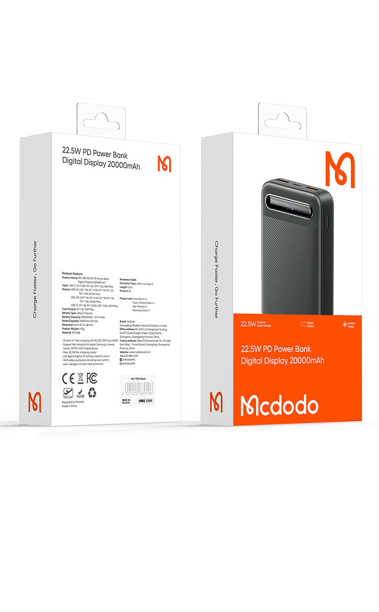 MCDODO MC3891 STAR SERIES 22.5W PD+QC POWER BANK 20000MAH WITH DIGITAL DISPLAY - BLACK