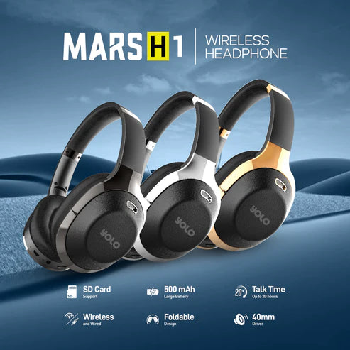 YOLO MARS H1 - Premium Bass headphones - 500mAh Large battery - Up to 20 Hours of Music Playback time - Support SD Card - Wired and Wireless Connectivity