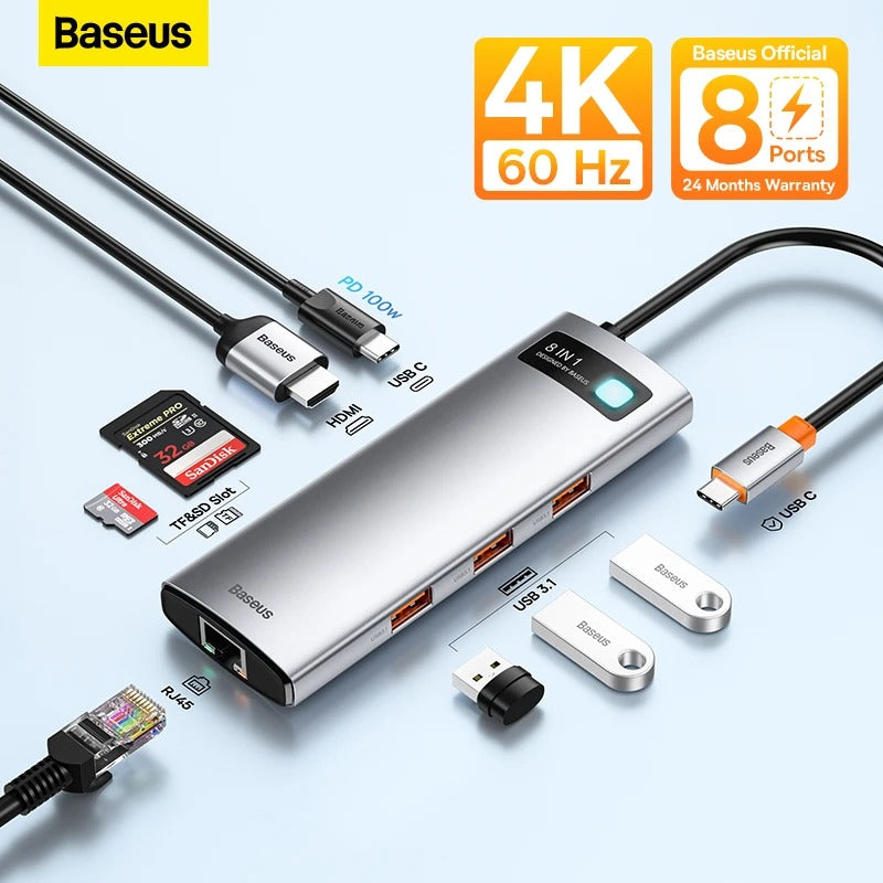 Baseus StarJoy 8-Port Type-C HUB Adapter Type-C to HDMI4K@60Hz*1+USB3.1*3+PD*1+RJ45*1+SD/TF*1)
