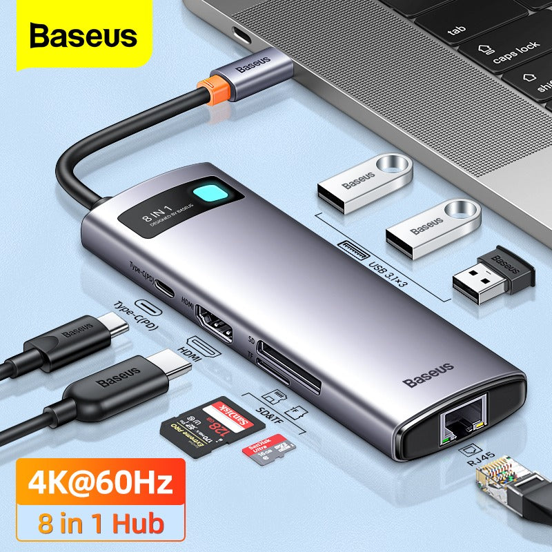 Baseus StarJoy 8-Port Type-C HUB Adapter Type-C to HDMI4K@60Hz*1+USB3.1*3+PD*1+RJ45*1+SD/TF*1)