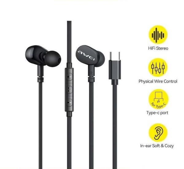 Awei TC-7 1.2m Wired Earphone In-ear Type-C Headset For Phone Stereo USB C Plug Bass Sport Touch Control Earbuds With Microphone