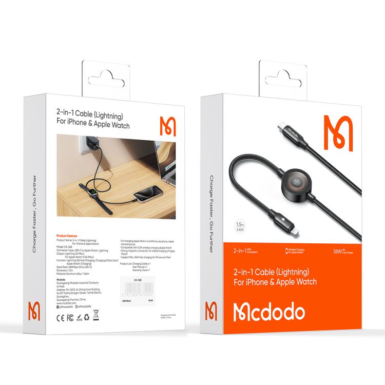 Mcdodo 2 in 1 Type C to Lightning 36W Cable + Wireless Charger For Apple Watch 1.5m – CA5680