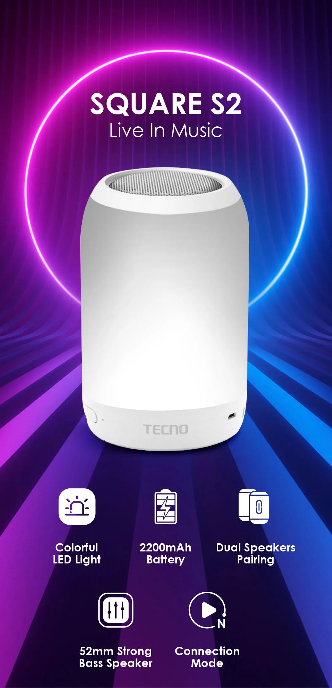 Tecno S2 Portable Night Light Bluetooth Speakers with Microphone, RGB Table Lamp, Speaker Bluetooth Wireless with Music LED