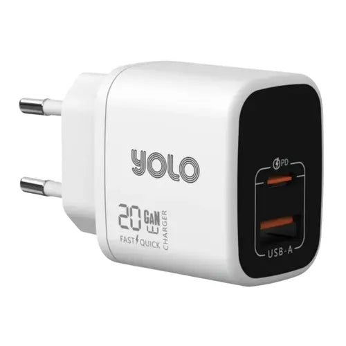 Yolo Y-202 GaN Charger 20w Dual Ports USB-A + Type-C – White